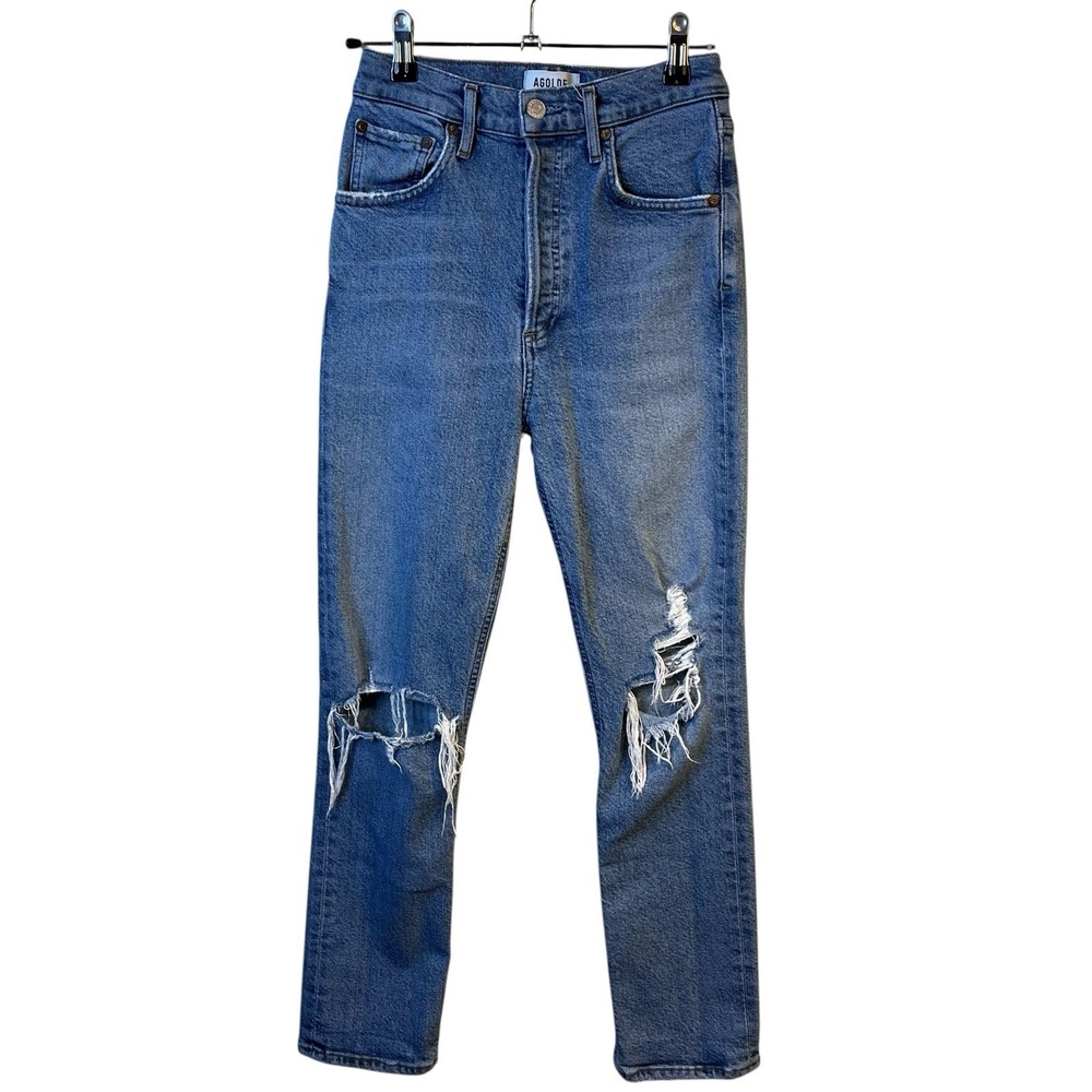 Agolde Riley Distressed Ripped High-Rise Cropped Jeans Size 24 Boho Modern Luxe - Picture 2 of 10